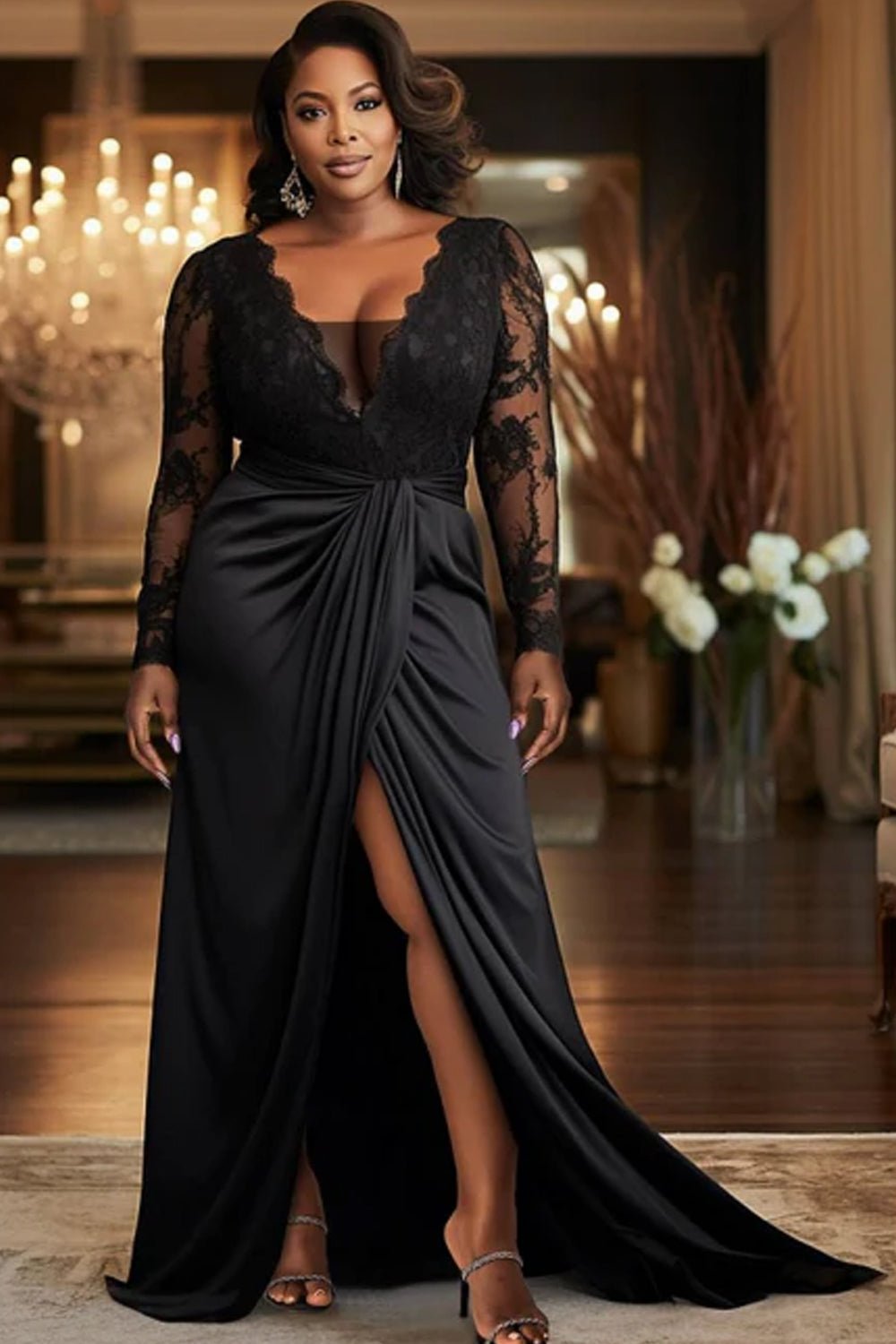 Black Lace Long Sleeves V-neck Sheath With Front Slit Formal Dress
