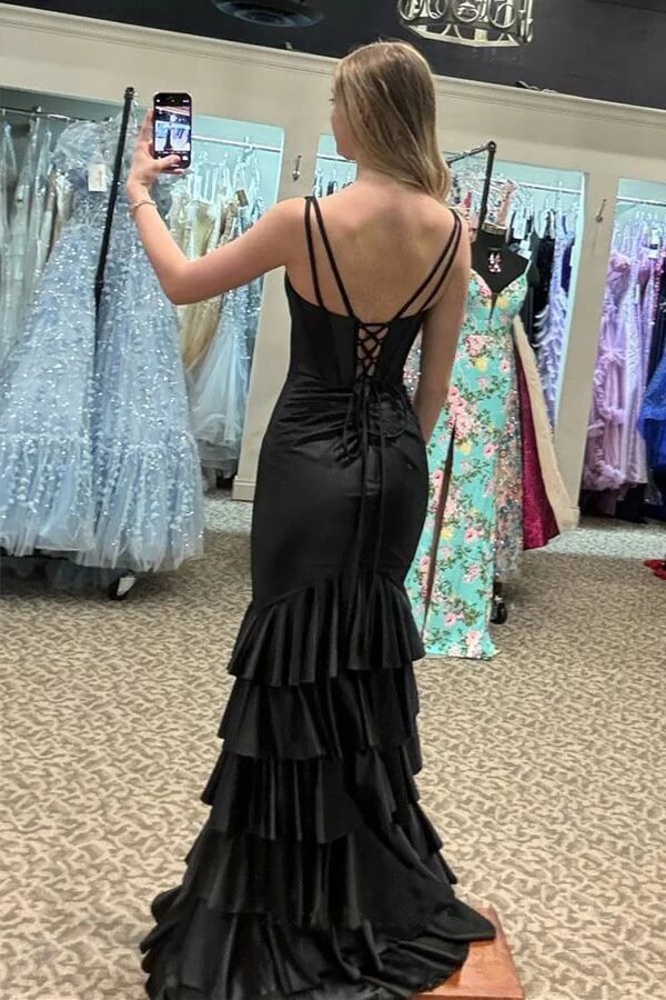 Black Mermaid V-neck Split Long Prom Dresses With Ruffle