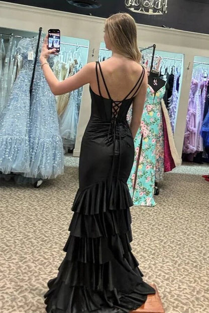 Black Mermaid V-neck Split Long Prom Dresses With Ruffle