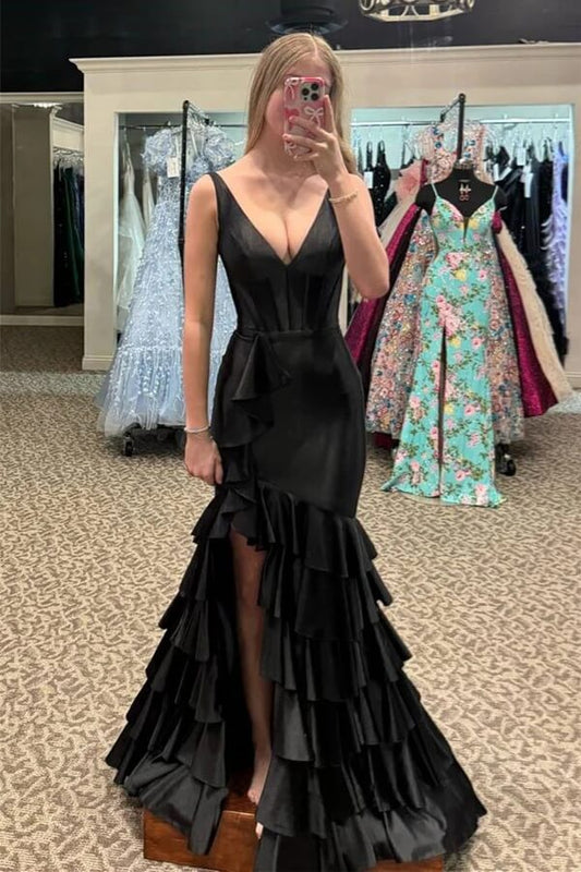 Black Mermaid V-neck Split Long Prom Dresses With Ruffle