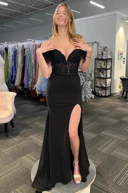 Black Satin Mermaid Off-the-Shoulder Feathered Prom Dress