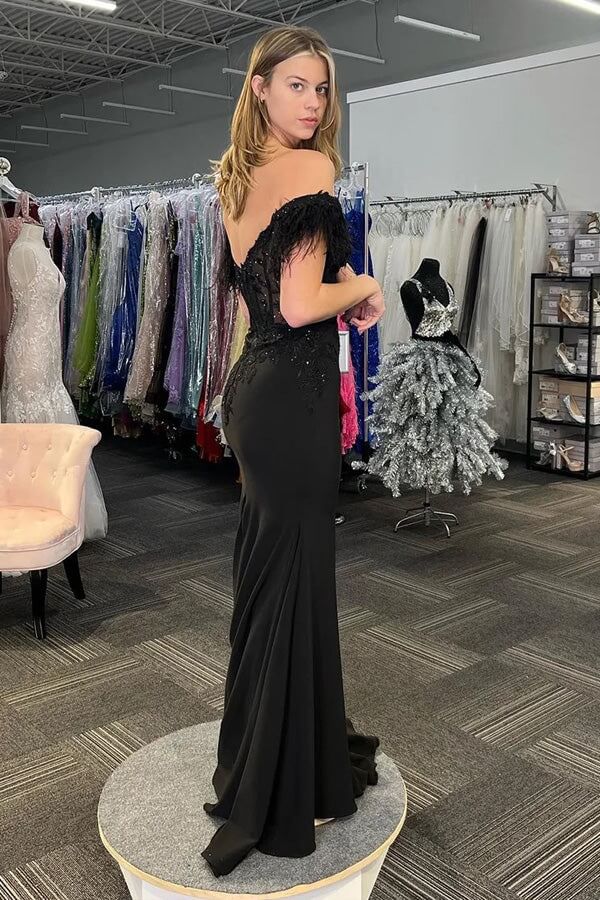 Black Satin Mermaid Off-the-Shoulder Feathered Prom Dress