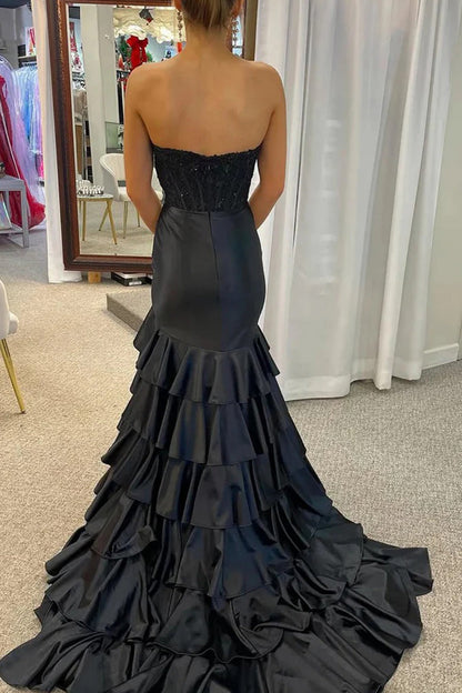 Black Satin With Sequin Corset Strapless Mermaid With Slit Tiered Prom Dress