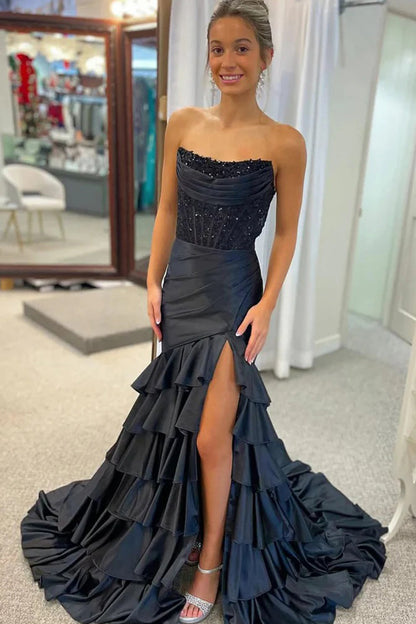 Black Satin With Sequin Corset Strapless Mermaid With Slit Tiered Prom Dress