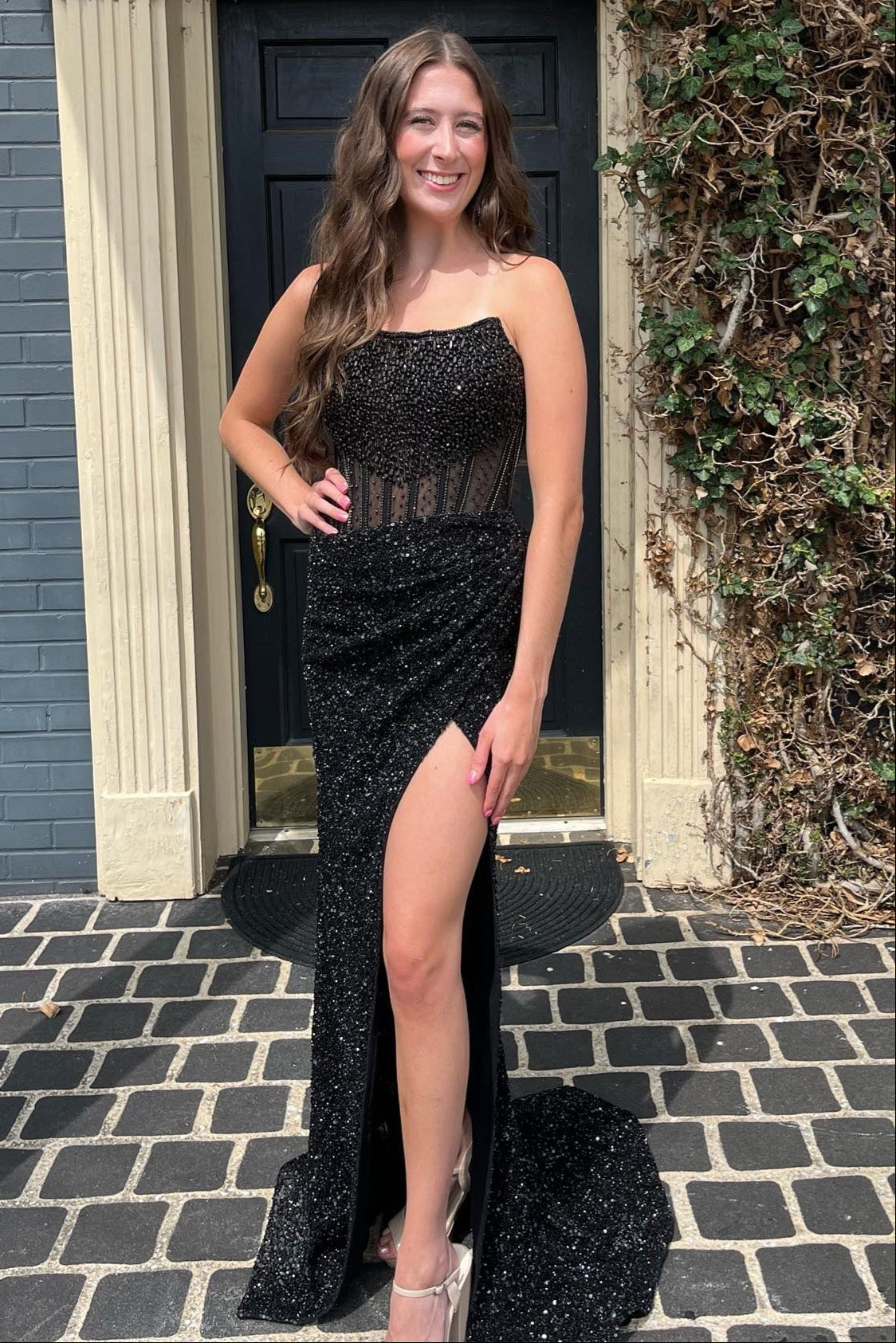 Black Strapless Sequins Mermaid Long Prom Dress with Slit