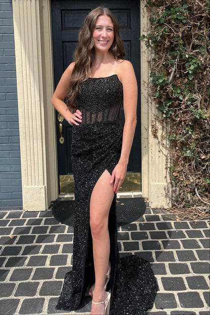 Black Strapless Sequins Mermaid Long Prom Dress with Slit
