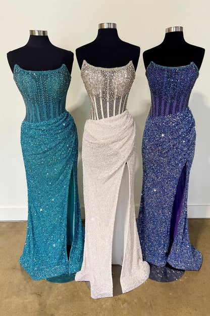 Black Strapless Sequins Mermaid Long Prom Dress with Slit
