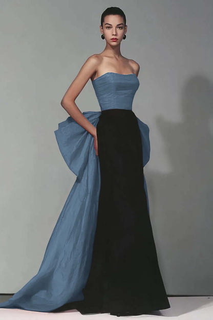 Black and Red Strapless Mermaid Long Formal Dress with Bow