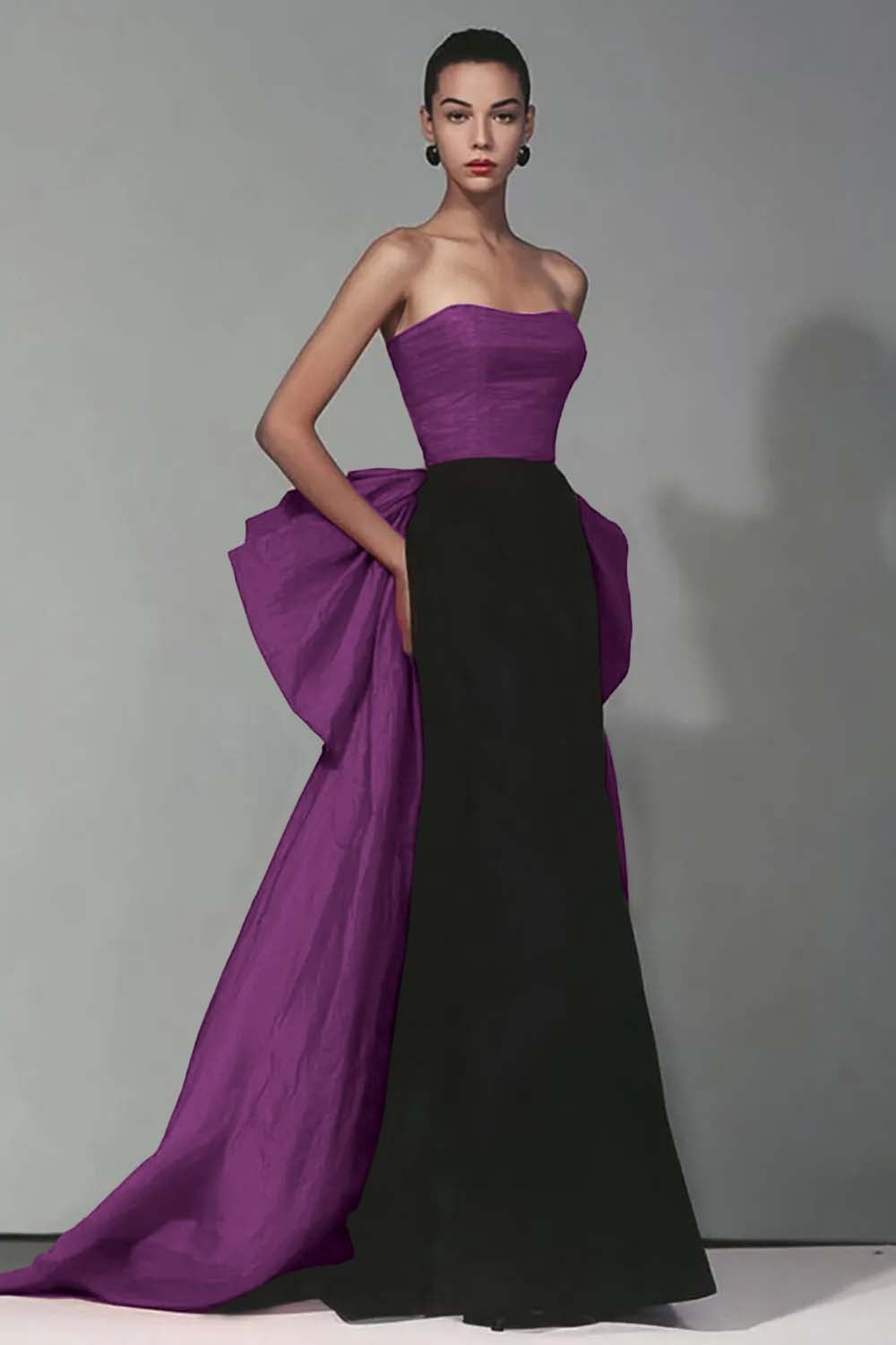 Black and Red Strapless Mermaid Long Formal Dress with Bow