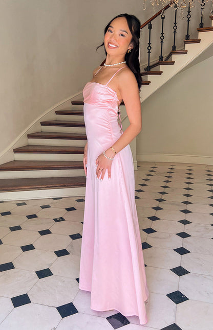 Pink Satin Maxi Prom Dress