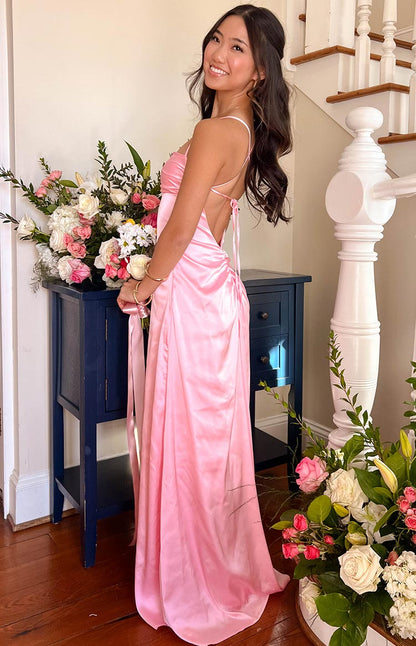 Pink Satin Maxi Prom Dress