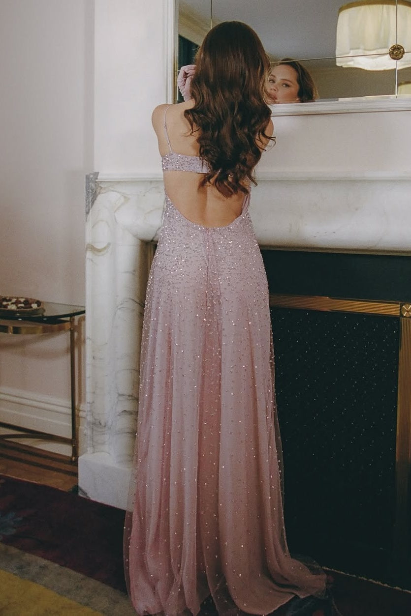 Bling A Line Spaghetti Straps Grey Blue Long Party Dress