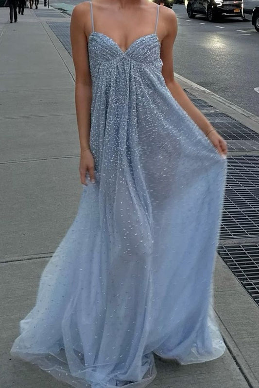 Bling A Line Spaghetti Straps Grey Blue Long Party Dress