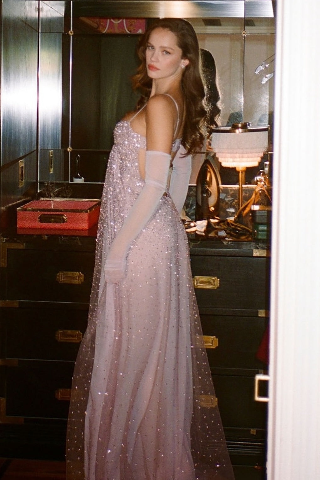 Bling A Line Spaghetti Straps Grey Blue Long Party Dress