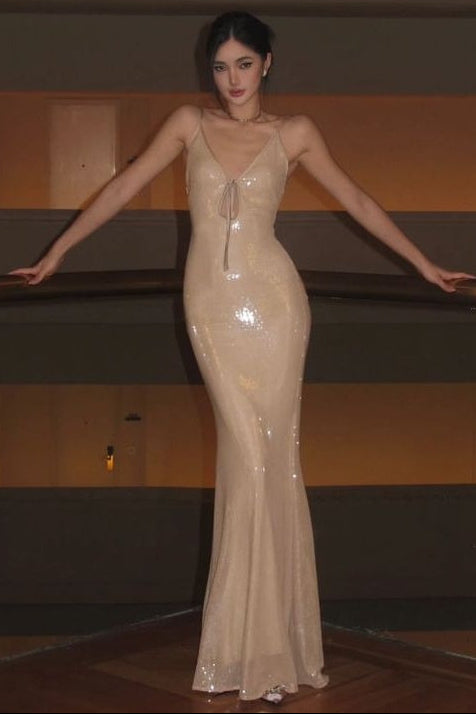 Bling Mermaid Spaghetti Straps Light Champagne Sequins Long Prom Dress