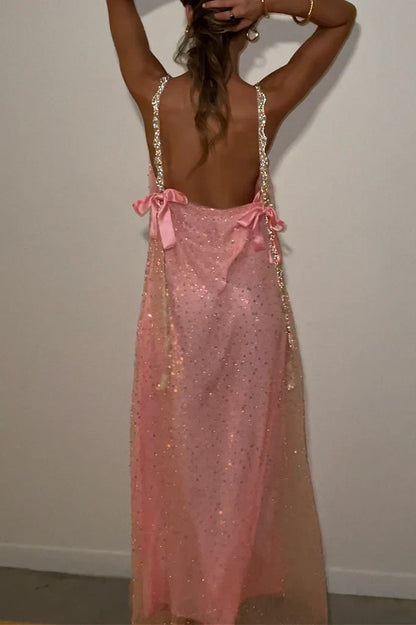Bling Sheath Spaghetti Straps Pink Long Prom Dress with Beading