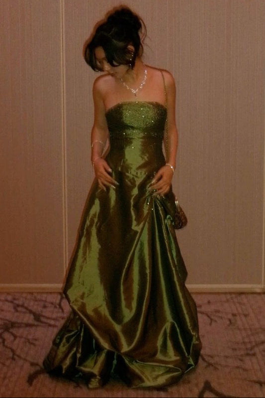 Bling A Line Strapless Green Long Prom Dress with Beading