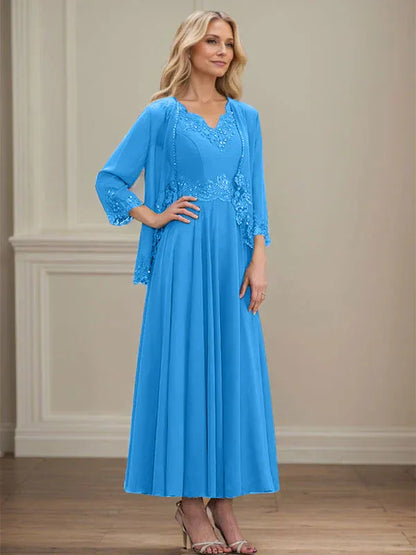 A-line V-Neck Ankle-Length Chiffon Mother of the Bride Dress