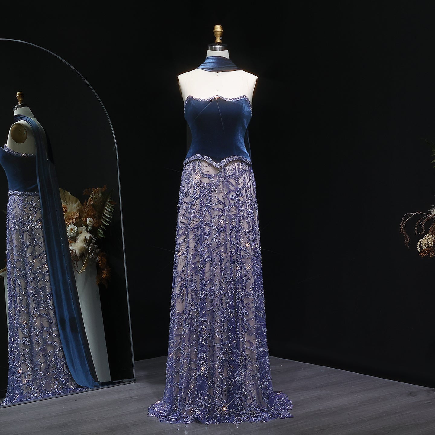 Luxury Blue Velvet Beaded Two Piece Evening Dress with Scarf SS793