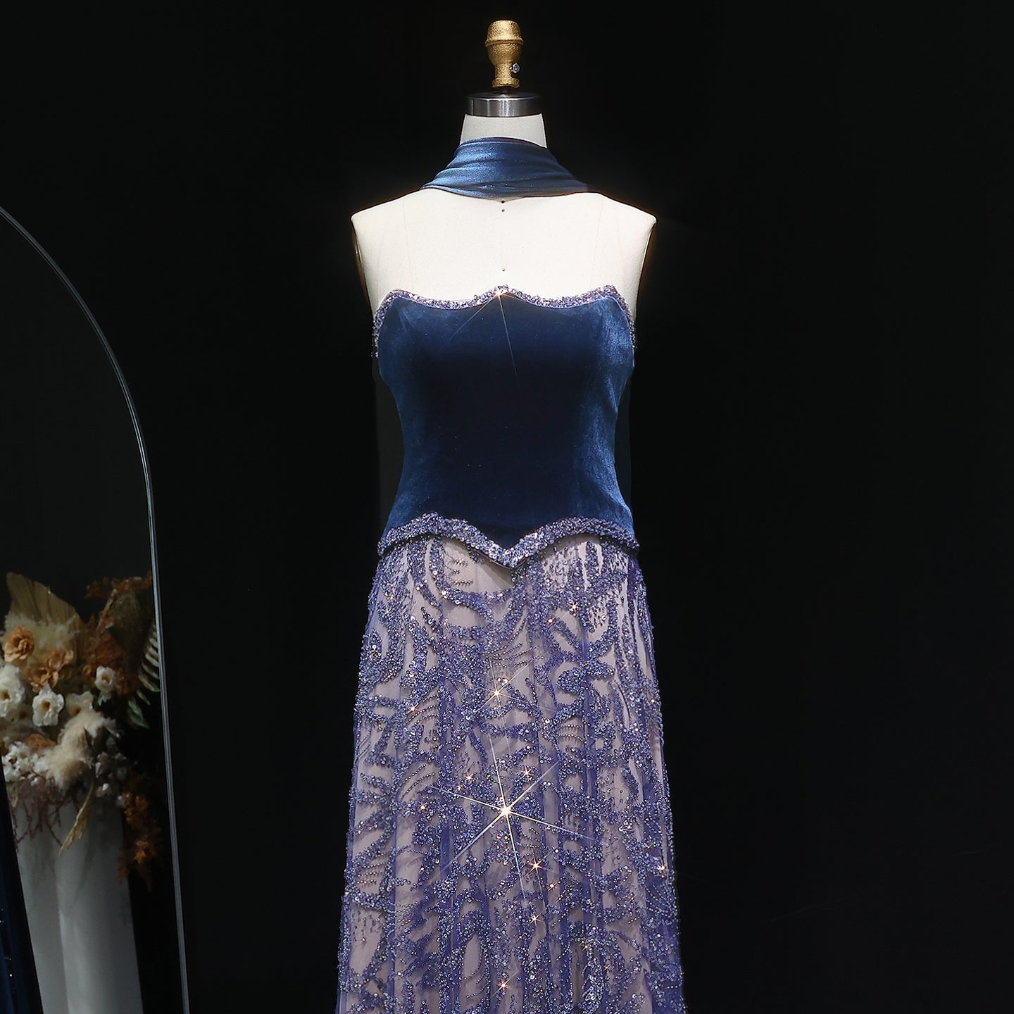 Luxury Blue Velvet Beaded Two Piece Evening Dress with Scarf SS793