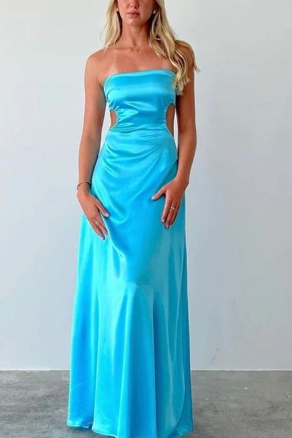 Blue Backless A-Line Strapless Scoop Pleats Satin Long Prom Dress