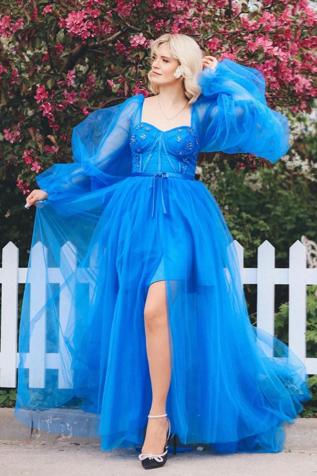 Blue Lace Applique Illusion Sleeves Tulle Long Prom Dress