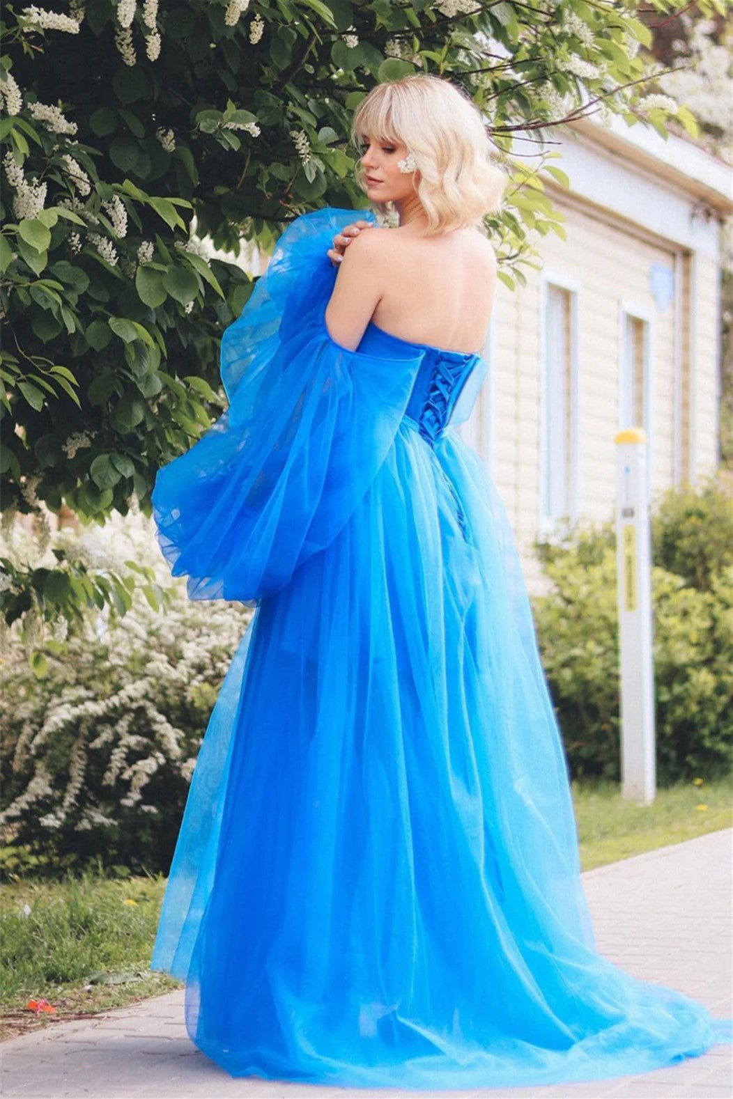 Blue Lace Applique Illusion Sleeves Tulle Long Prom Dress