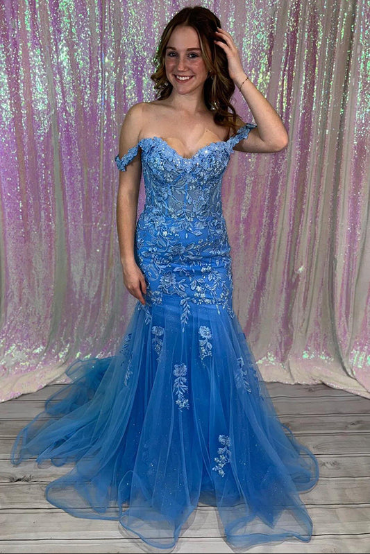 Blue Off-the-Shoulder Floral Lace Mermaid Long Prom Dress