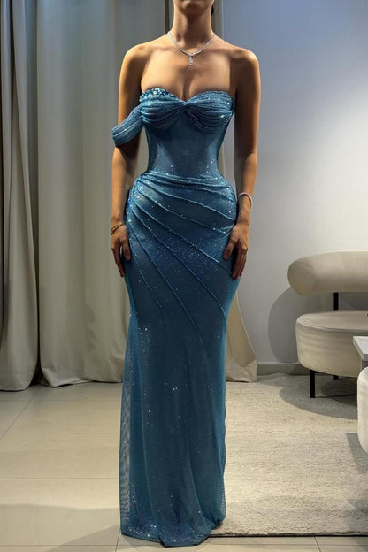 Blue One-Shoulder Sparkly Mermaid Prom Dress