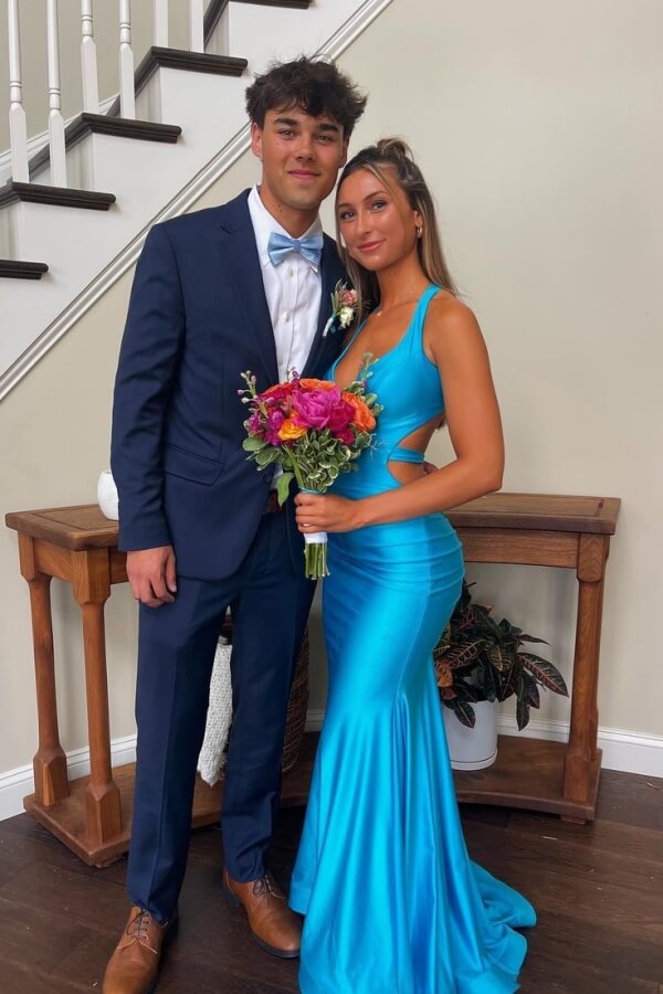 Blue Satin Mermaid V Neck Open Back Long Prom Dress