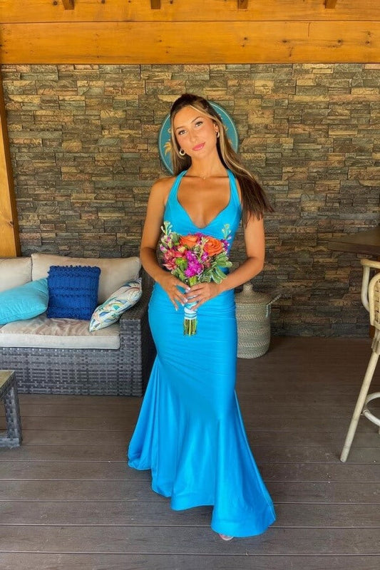 Blue Satin Mermaid V Neck Open Back Long Prom Dress