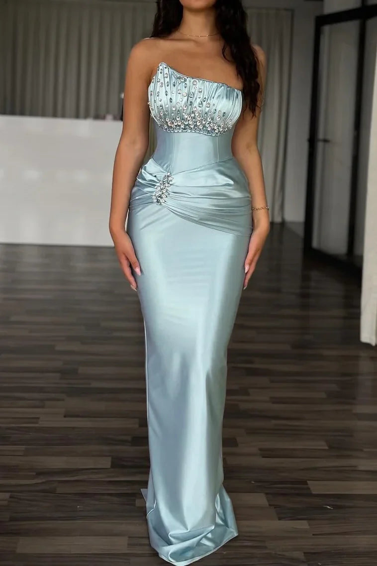Blue Satin Sleeveless Empire Rhinestone Party Prom Dress