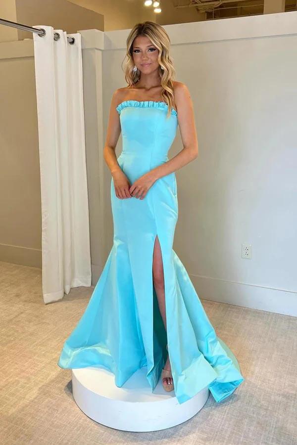 Blue Satin Strapless Mermaid Prom Dresses With Slit