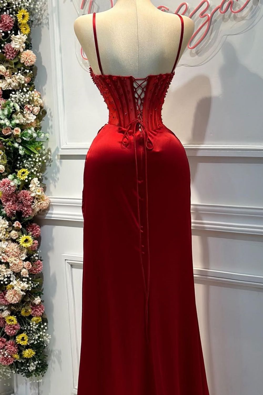 Blush Pink Strapless Beaded Corset Satin Mermaid Prom Dress