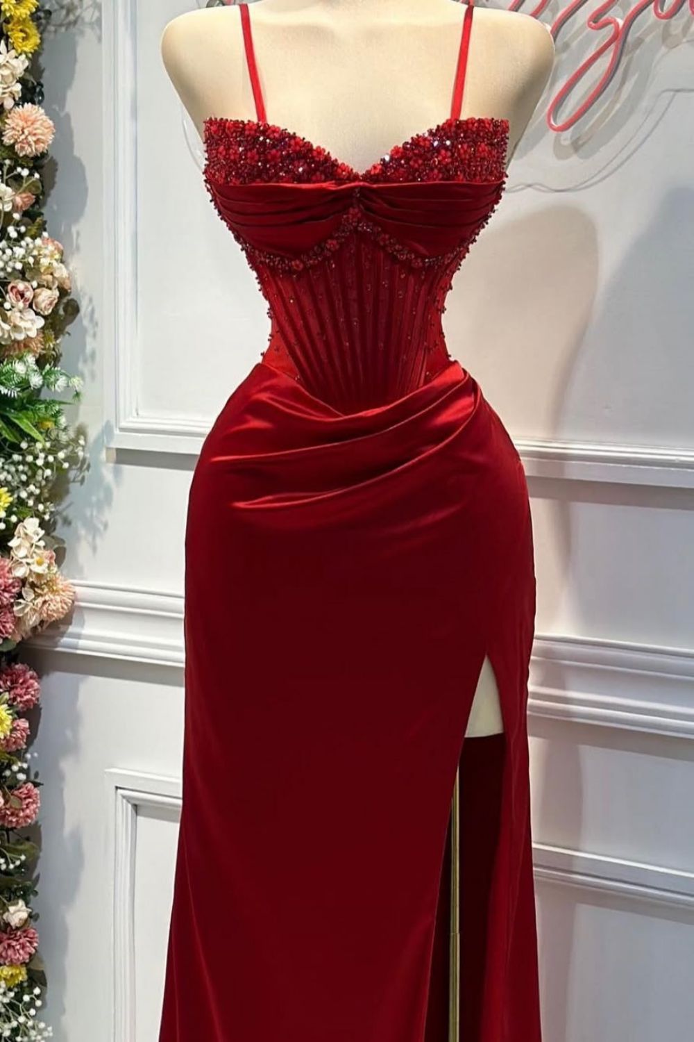 Blush Pink Strapless Beaded Corset Satin Mermaid Prom Dress
