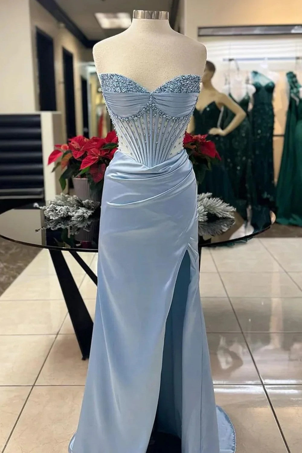 Blush Pink Strapless Beaded Corset Satin Mermaid Prom Dress