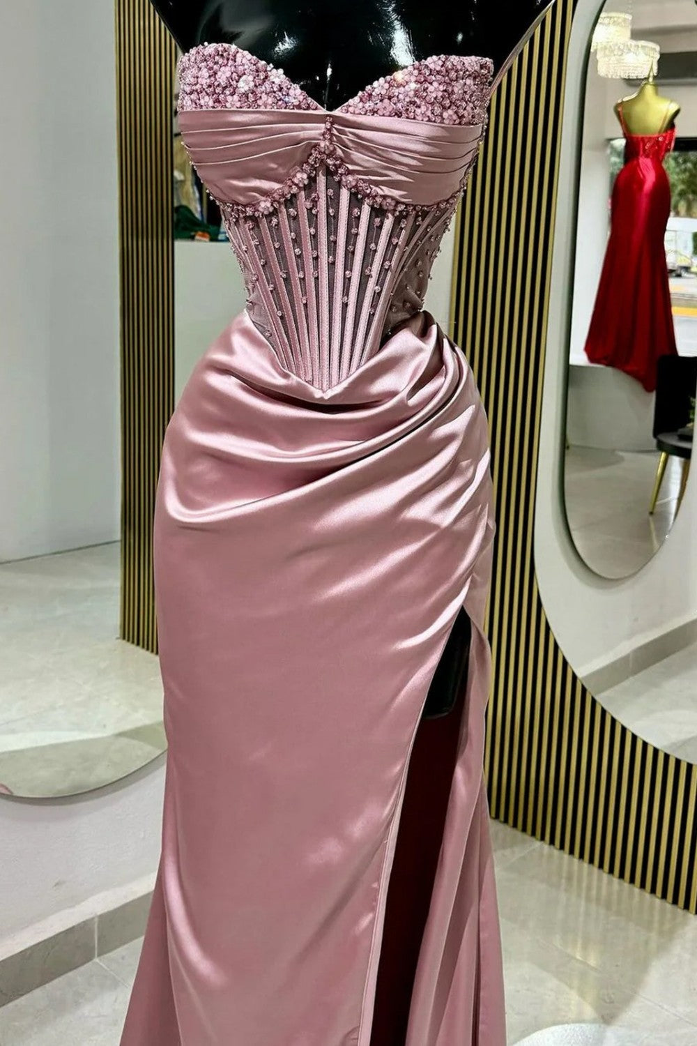 Blush Pink Strapless Beaded Corset Satin Mermaid Prom Dress