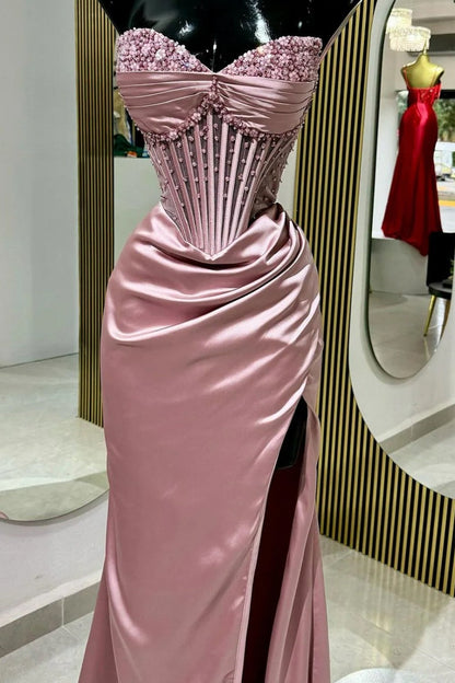 Blush Pink Strapless Beaded Corset Satin Mermaid Prom Dress