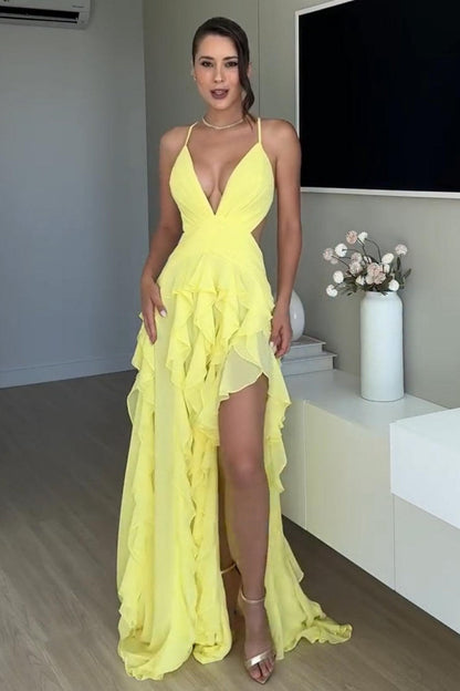 Bright Yellow Spaghetti Straps Prom Gown with Ruffled Skirt and High Slit