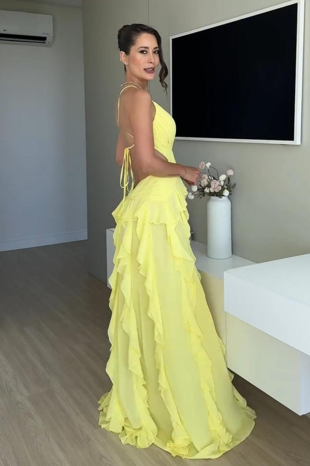 Bright Yellow Spaghetti Straps Prom Gown with Ruffled Skirt and High Slit