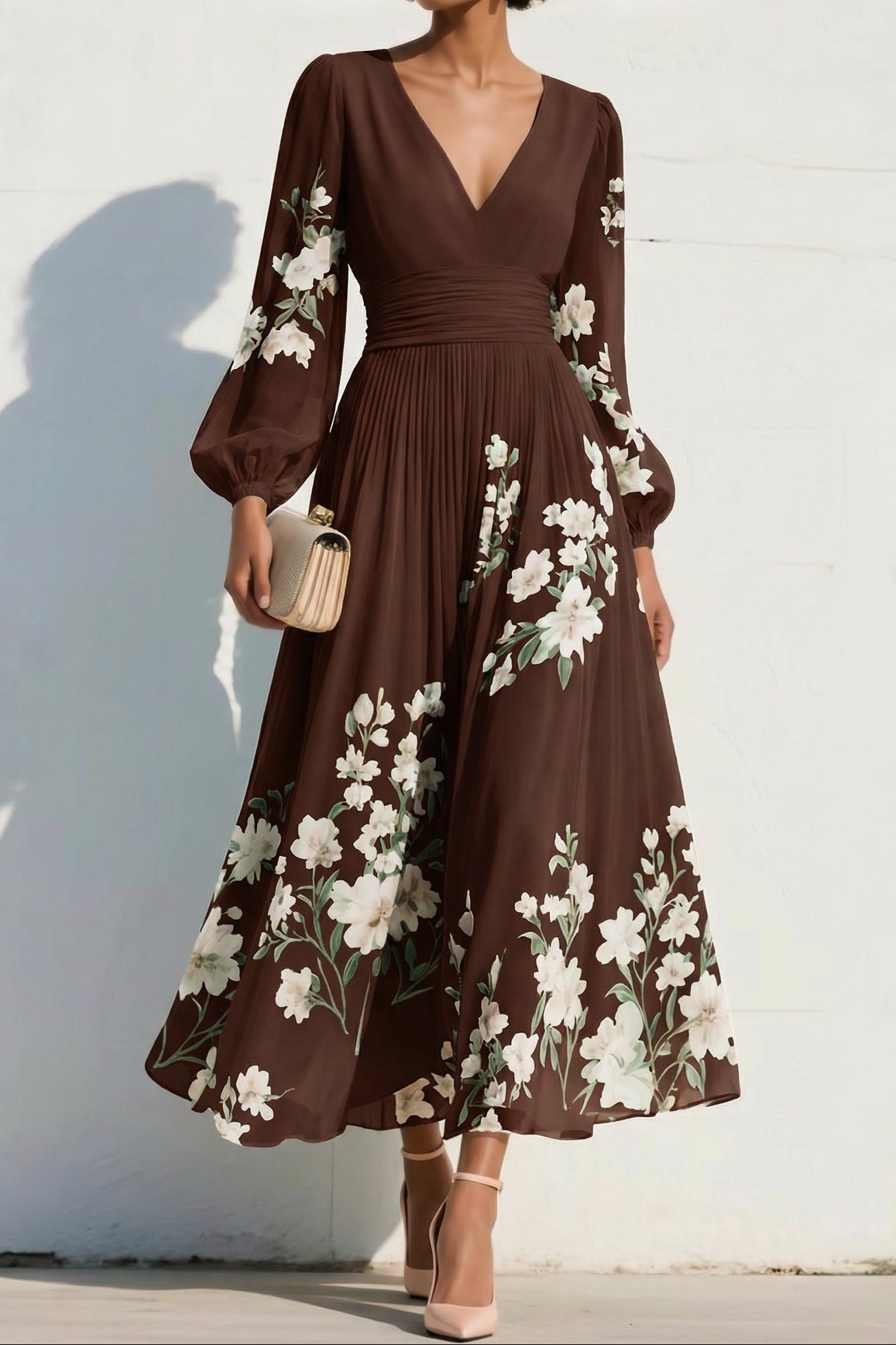 V-Neck Print-Chiffon Pleated Tea-Length Mother of the Bride Dress