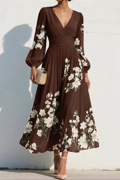 V-Neck Print-Chiffon Pleated Tea-Length Mother of the Bride Dress
