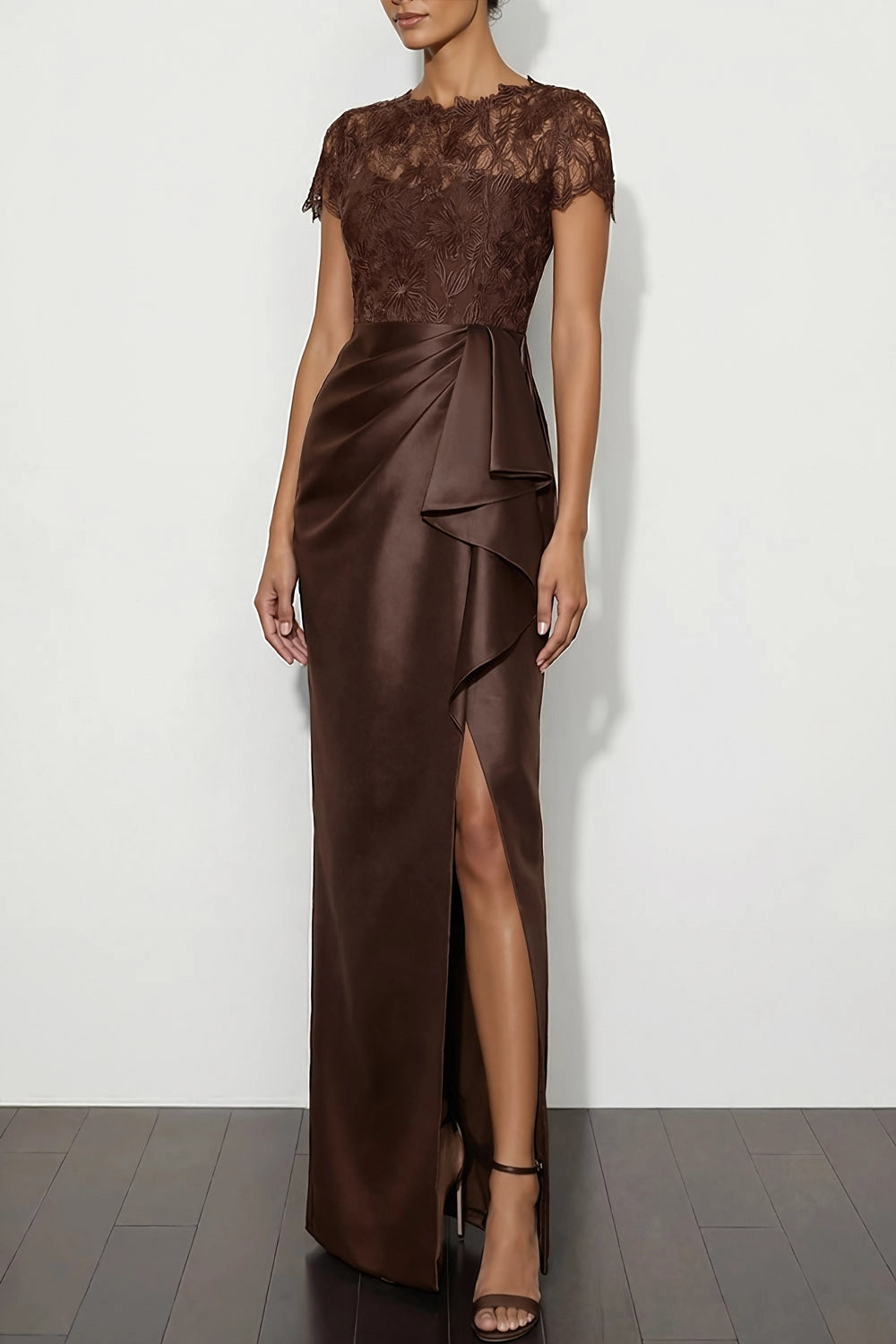 Brown Lace Sleeve Evening Gown
