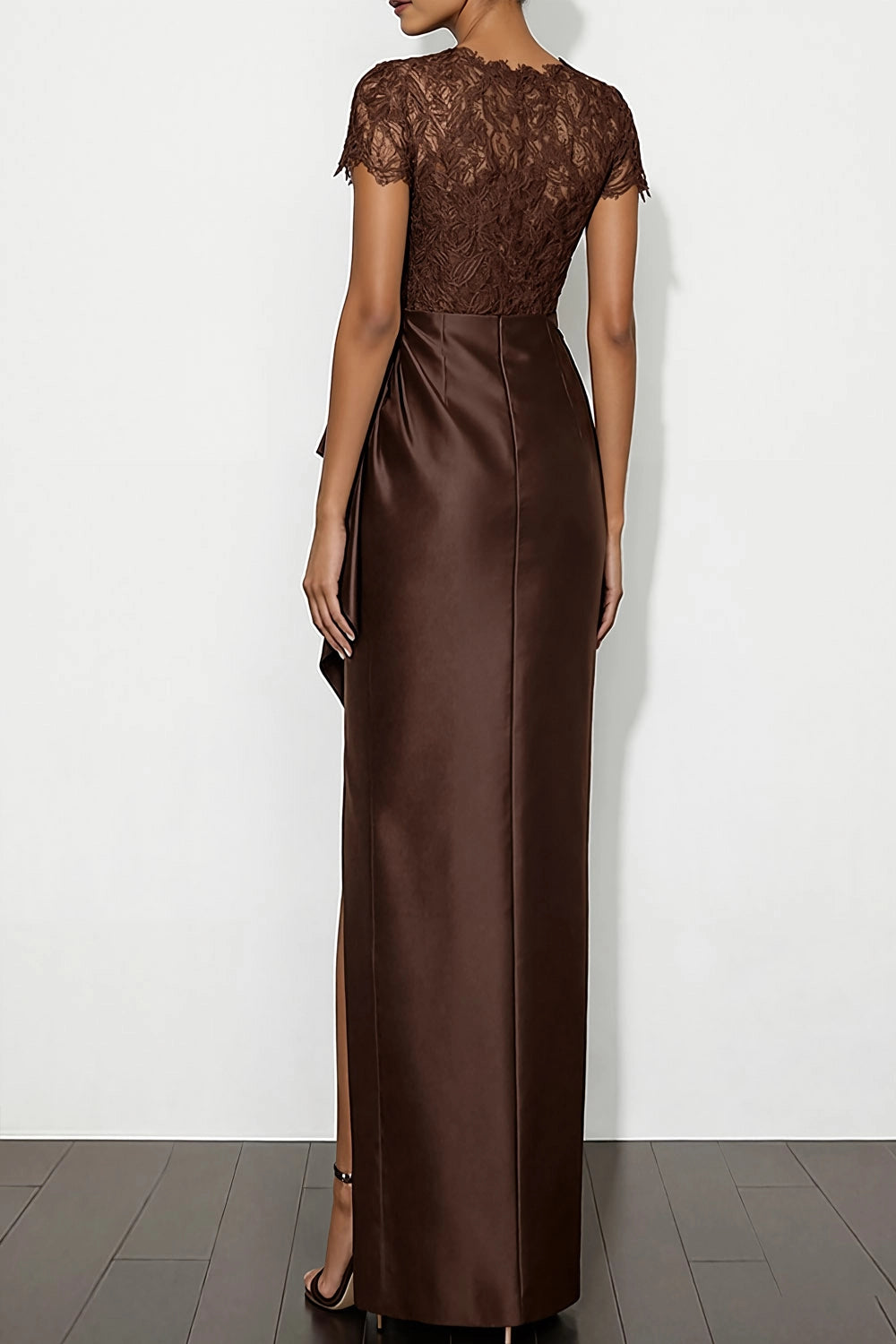 Brown Lace Sleeve Evening Gown