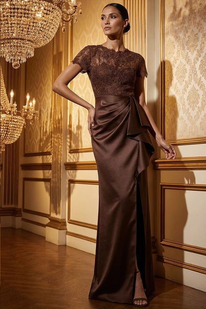Brown Lace Sleeve Evening Gown