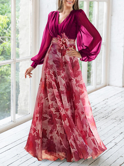 A Line V-Neck Long Sleeves Floor Length Floral Mother of the Bride Dress