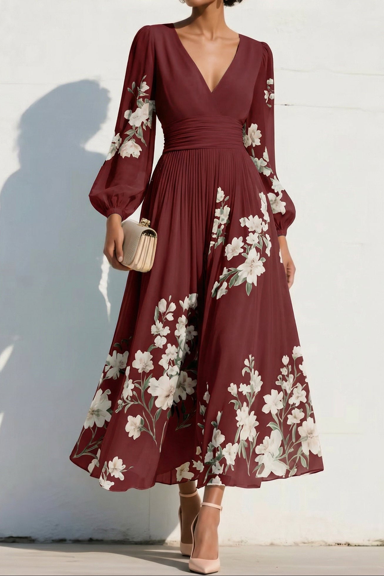 V-Neck Print-Chiffon Pleated Tea-Length Mother of the Bride Dress