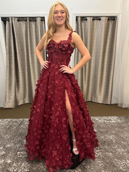 Burgundy 3D Floral Appliqué Corset Prom Dress with Slit