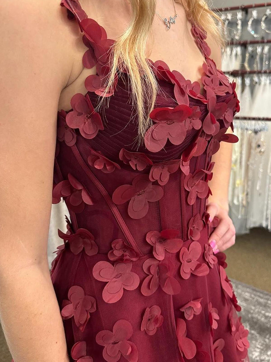 Burgundy 3D Floral Appliqué Corset Prom Dress with Slit