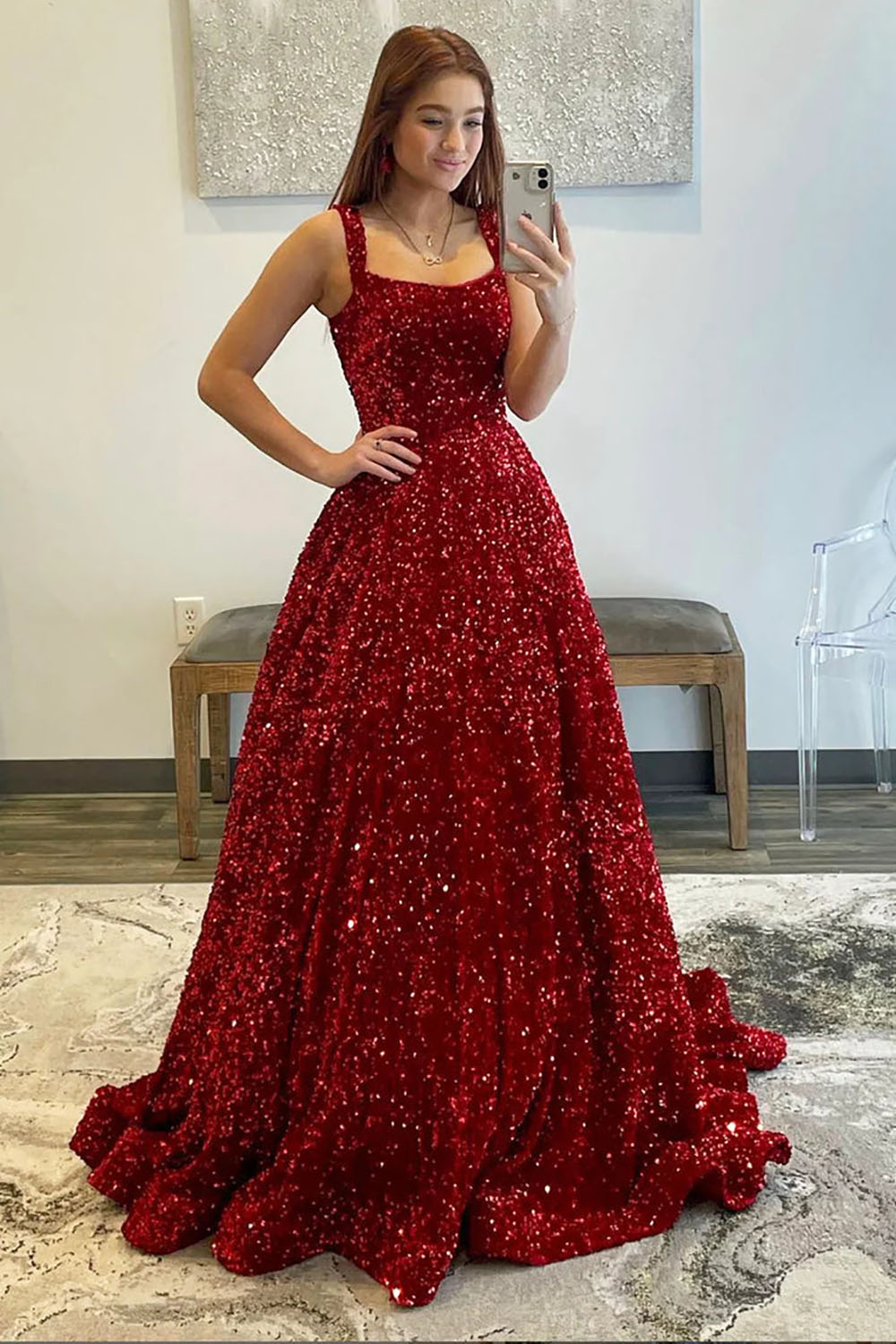 Burgundy Sequin Ball Gown Sparkly Evening Dress Shine Prom Dress